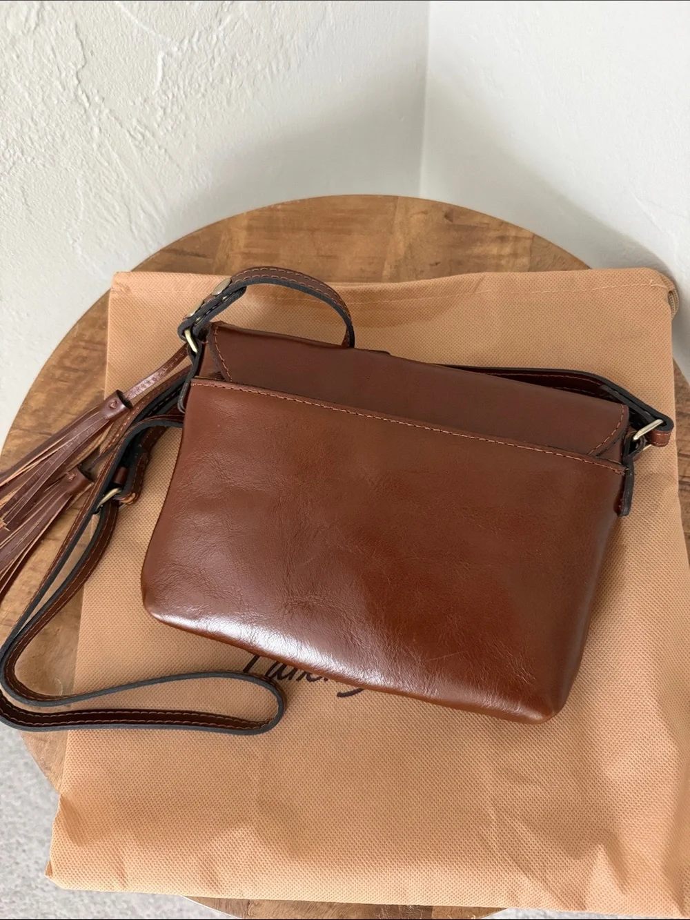 Patricia Nash Chestnut Brown Leather Messenger Bag with Tassel